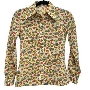 Vintage Melange Floral Hat Print Blouse Button-Up Shirt Pointed Collar Fitted